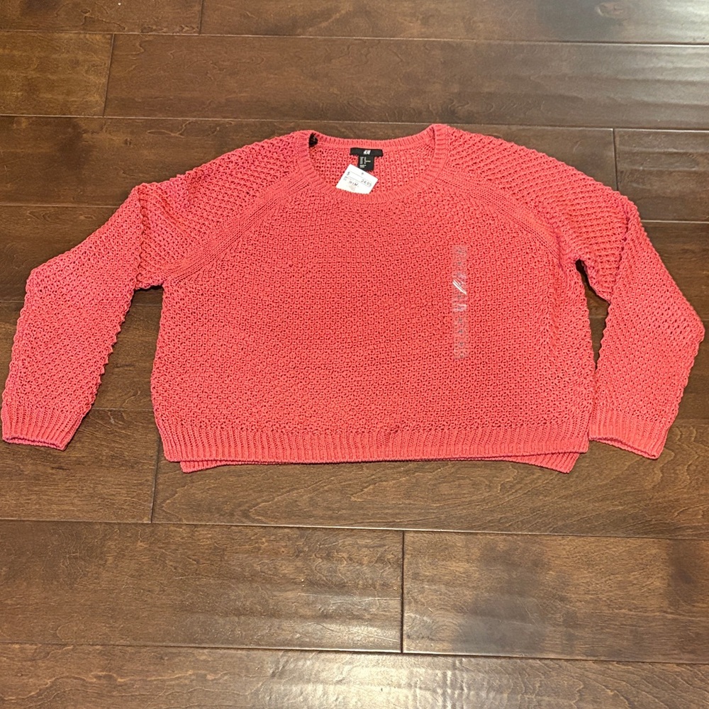 H&M Pink Coral Open-Knit Crewneck Sweater
